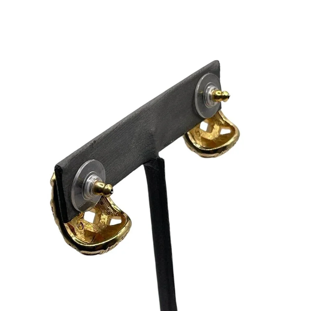 Pierced Earrings-Authentic‎ Swan Stamped Swarovski-Gold/Black-Rhinestone Weave